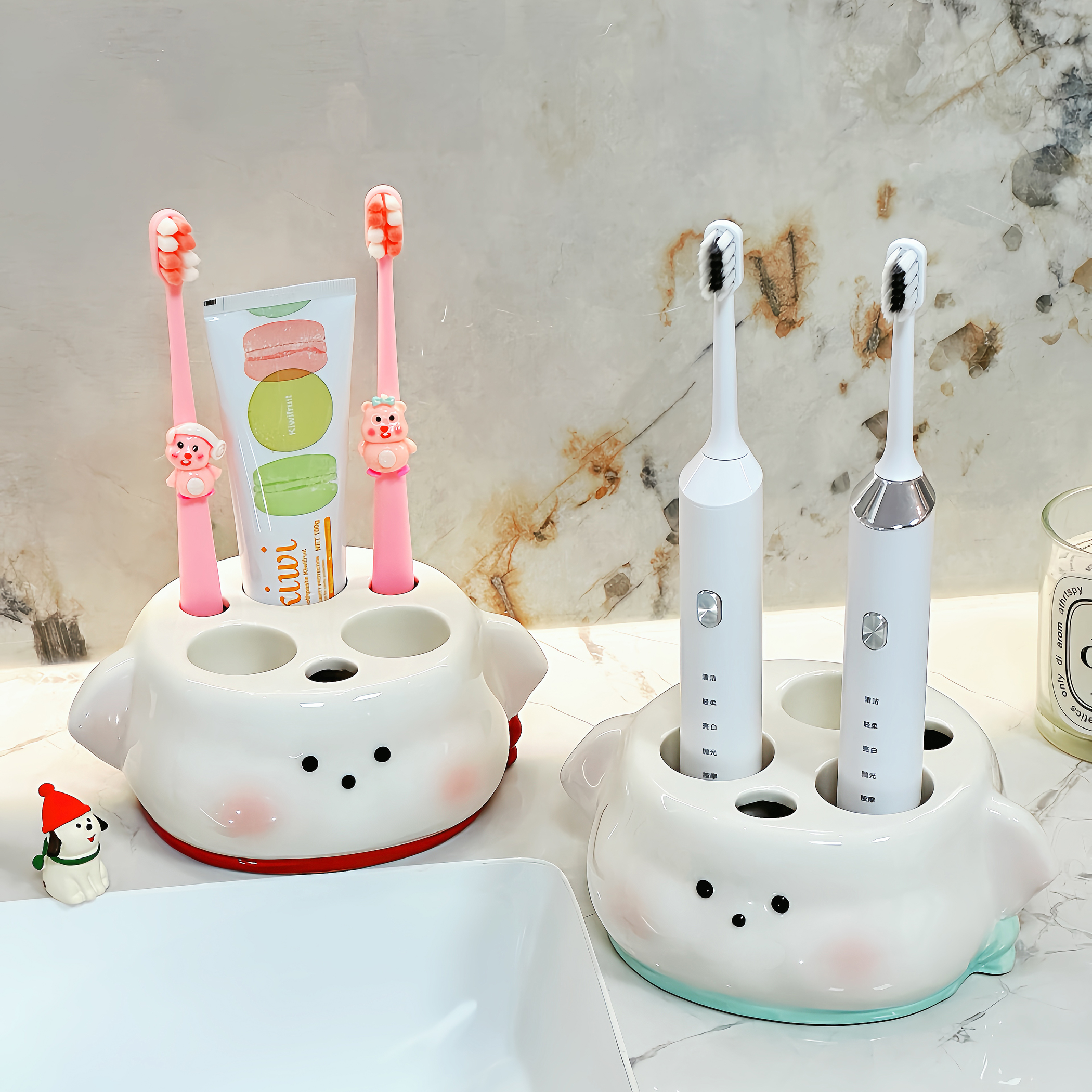 可爱小奶狗牙刷架卫生间洗手台陶瓷牙具置物架电动牙刷牙膏收纳架