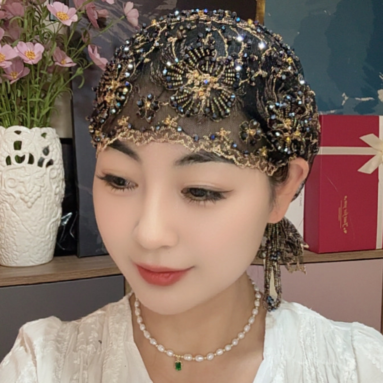 手工串珠珠精致鱼尾帽