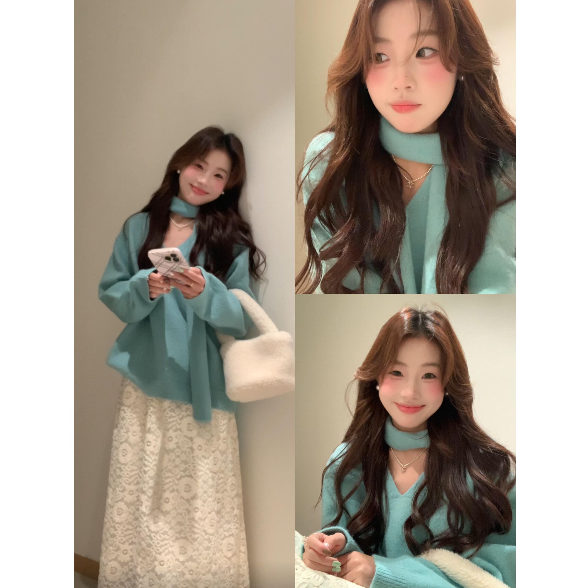 parkyeon法式蓝色v领针织衫毛衣女秋冬新款高腰显瘦半身裙套装