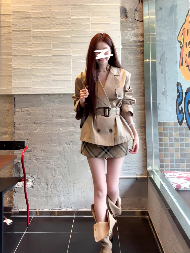 韩系英伦风套装高级感气质收腰风衣外套女装秋季格纹半身裙两件套