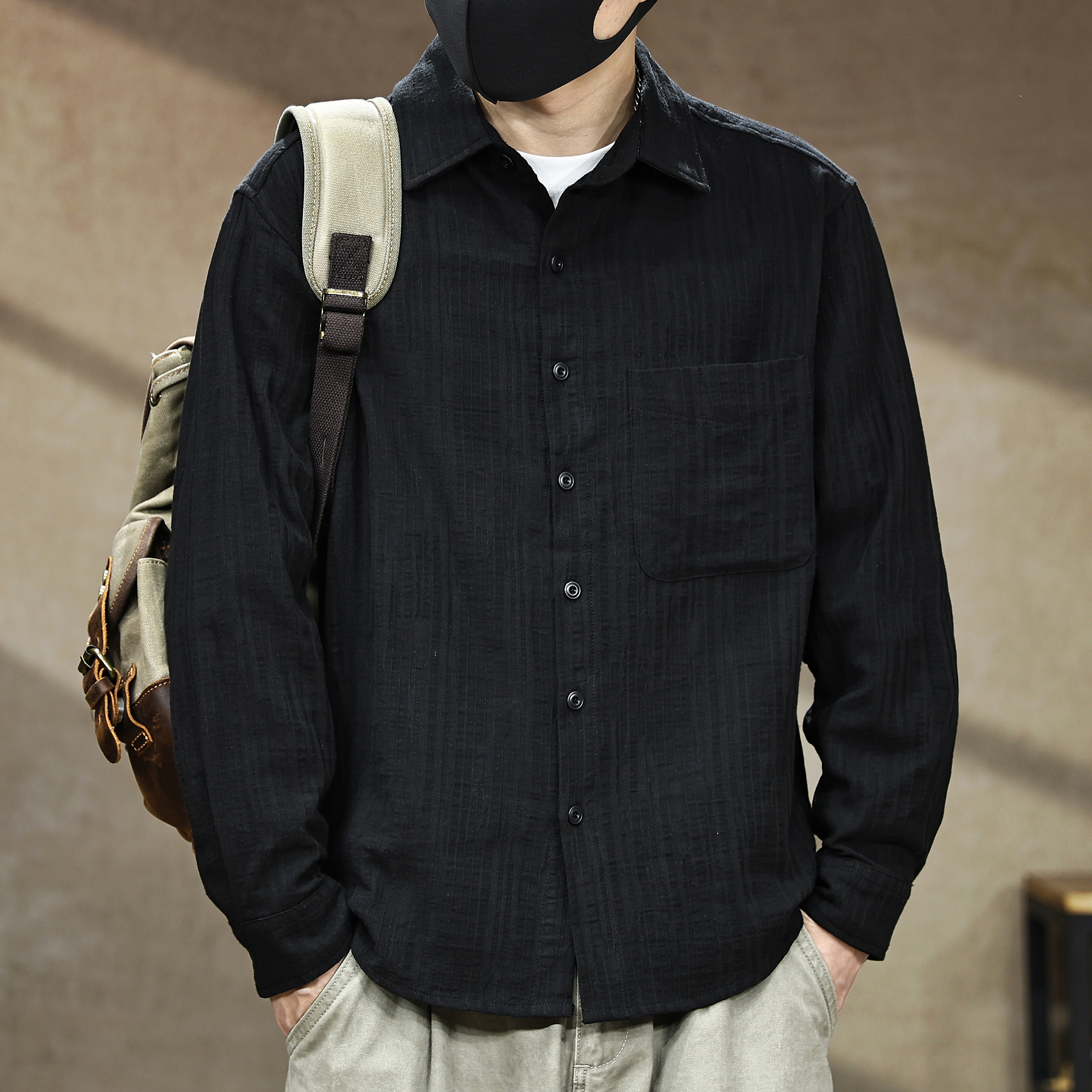 高级感提花黑色衬衫男长袖秋季新款美式复古纯棉宽松休闲衬衣外套