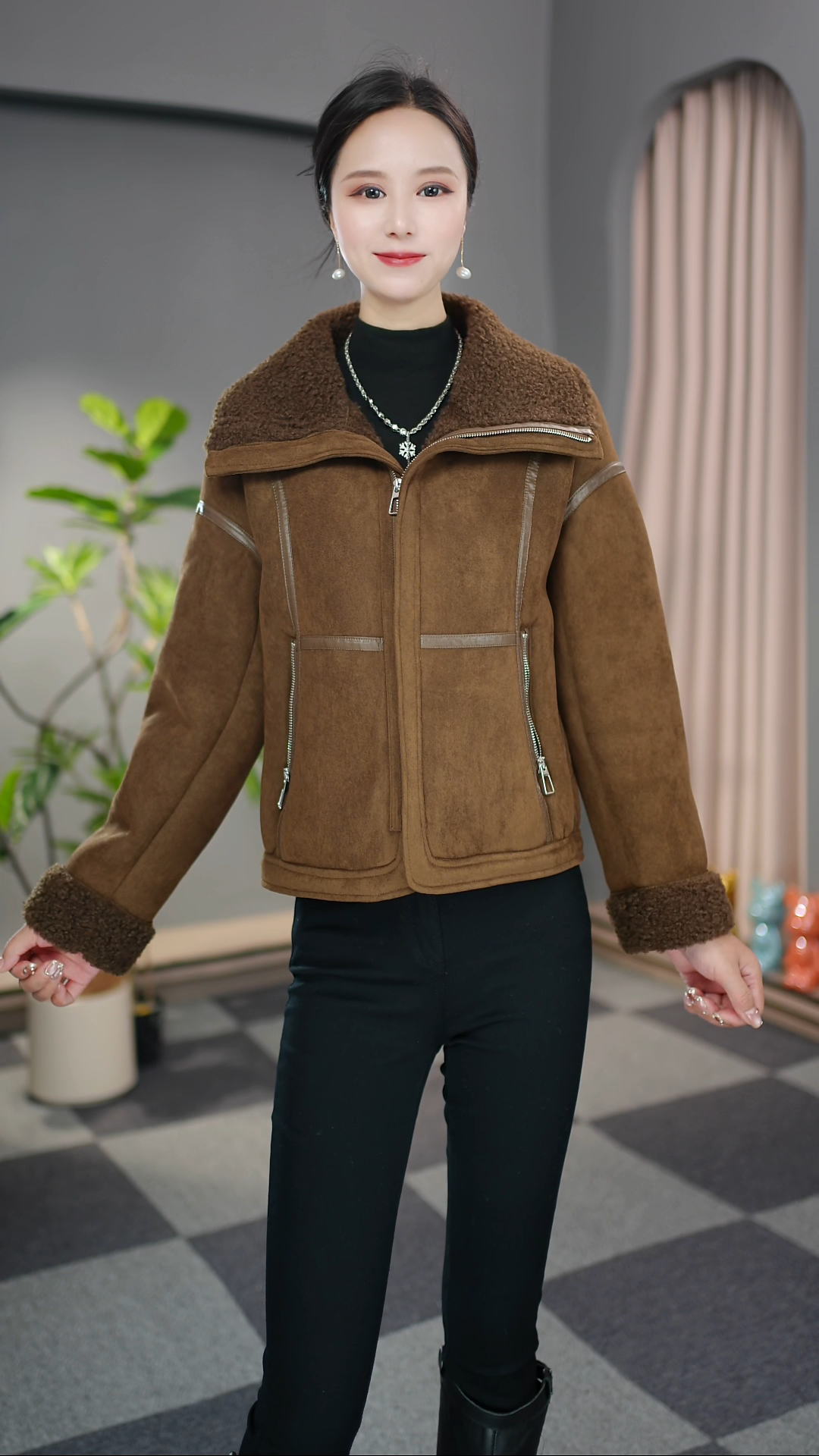 2025年新款冬季加厚加绒保暖短款常规洋气女秋冬短外套皮毛一体