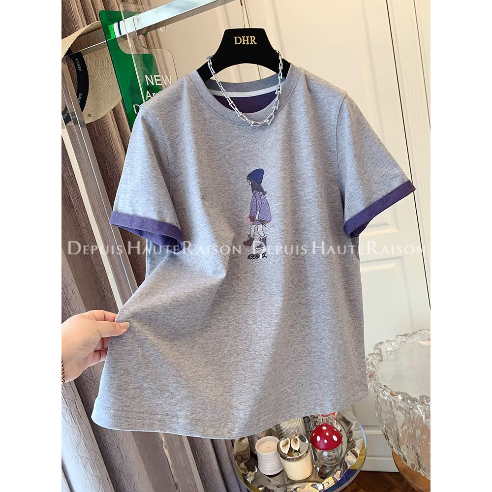 240斤大码胖mm紫色女孩撞色短袖T恤宽松打底衫上衣女2025春夏新款