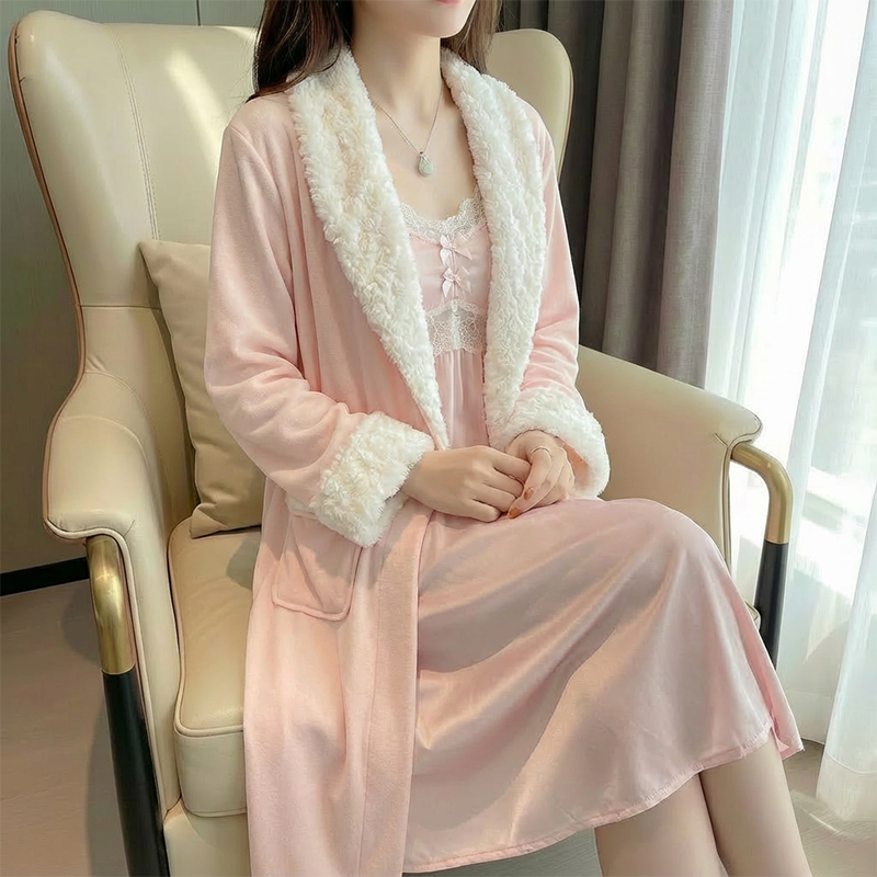 2025新款秋冬新款睡裙女粉色海岛绒睡袍轻奢性感高级家居服两件套