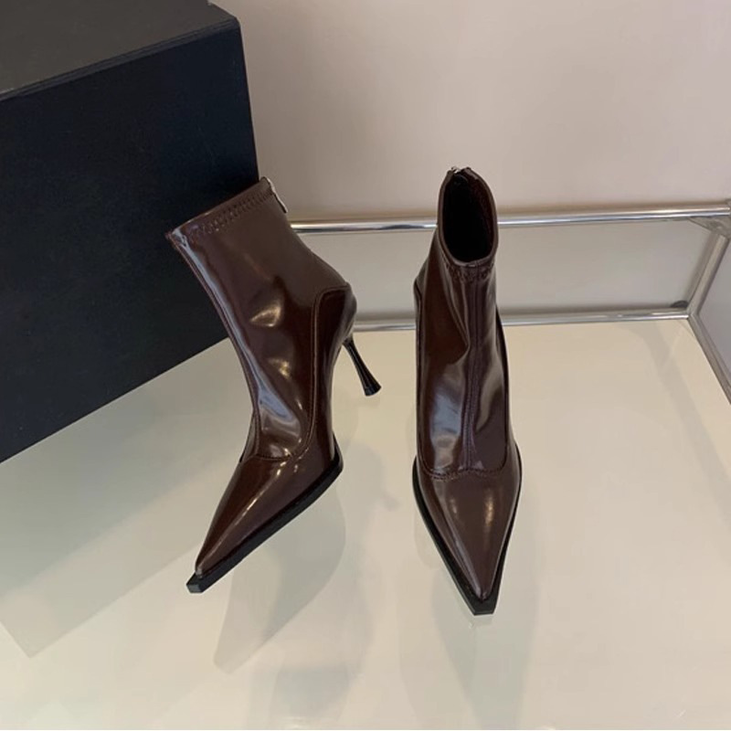 高跟尖头短靴2025年秋冬新款欧美细跟拼接裸靴瘦瘦靴复古棕色短靴