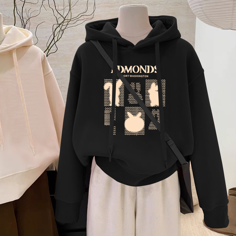 连帽套头女士卫衣2025秋冬季新款韩版加绒加厚中长款微胖纯色上衣