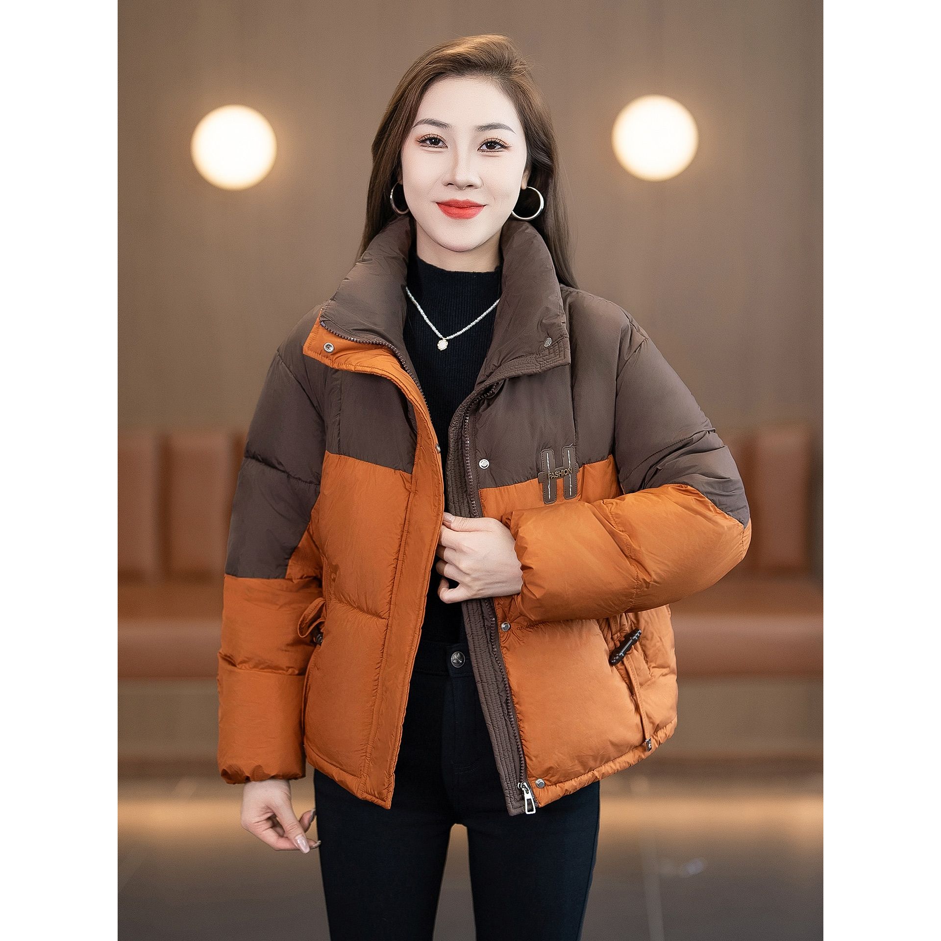 时尚韩版立领拼色棉服女短款冬季新款宽松显瘦保暖棉衣面包服外套