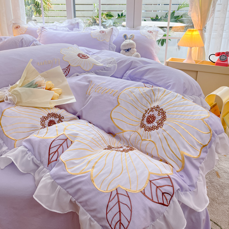新款少女心纯色双拼花卉刺绣四件套亲肤非全棉花边被套床单三件套