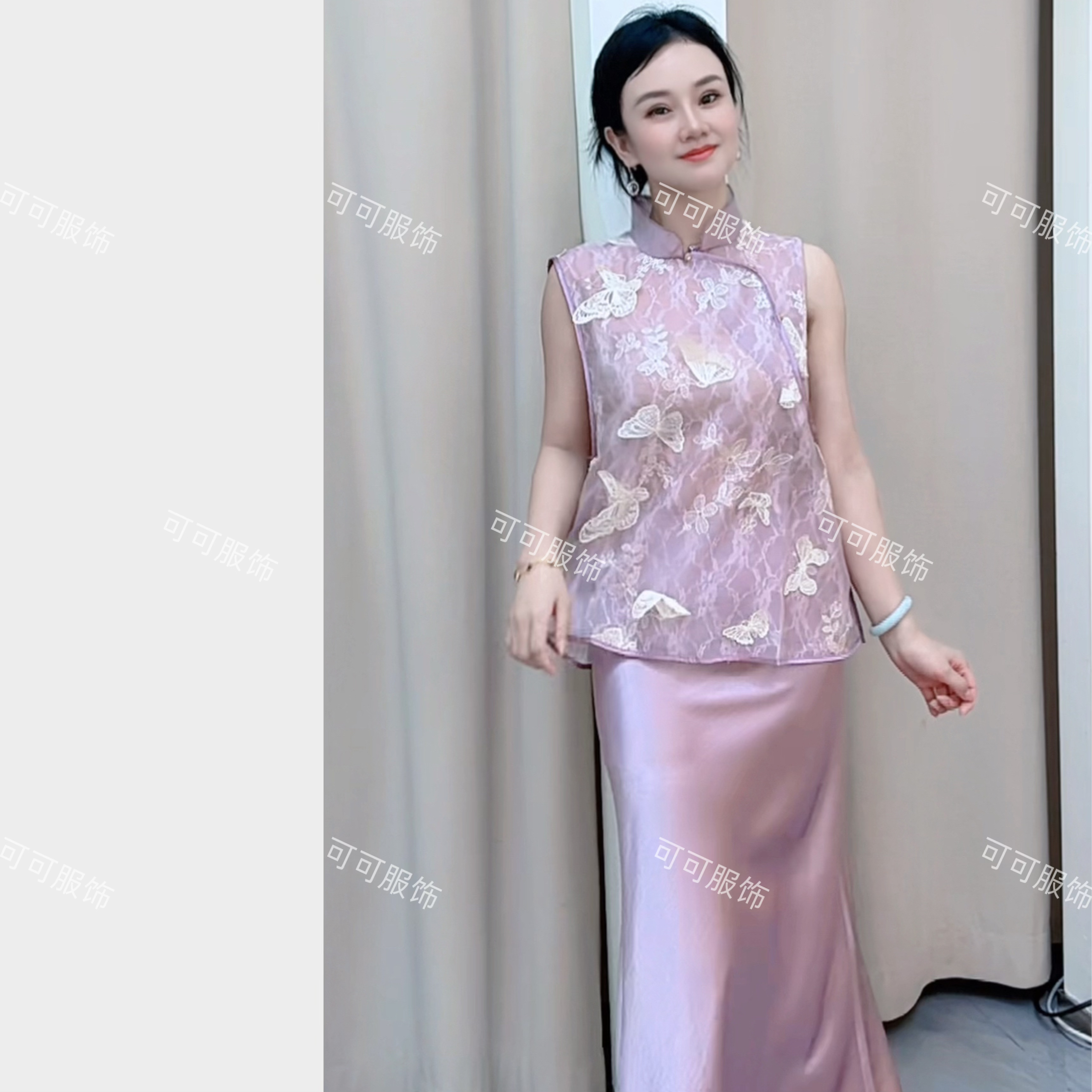 新中式粉紫色薄款网纱马甲外穿罩衫搭配紫色背心马甲