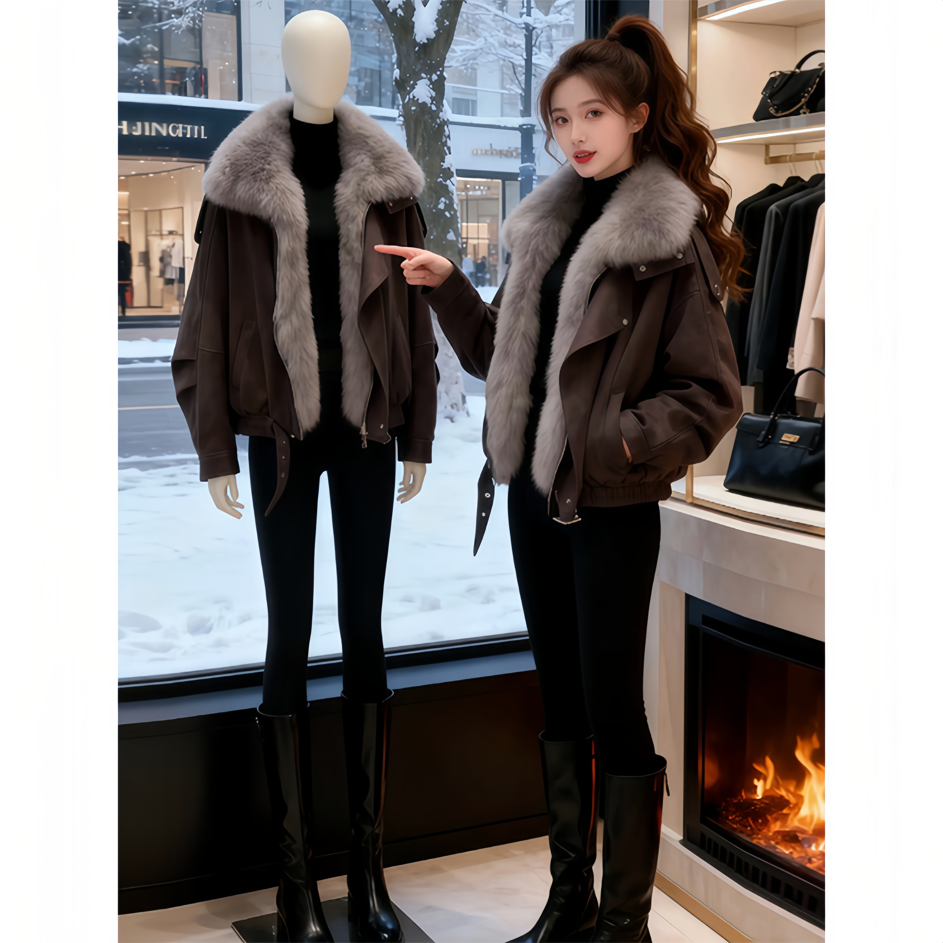 欧货高级感巨好看棉服女冬季保暖加厚大毛领拼接工装外套小众女装