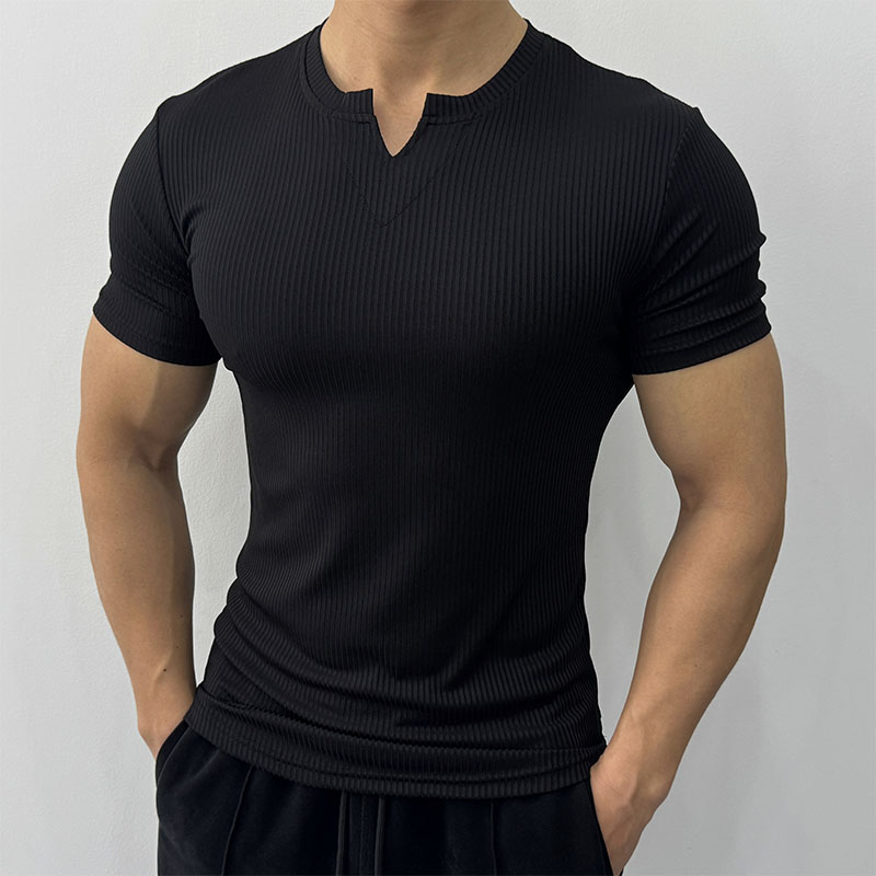 运动短袖T恤男士质感条纹纯色V领紧身衣弹力跑步健身服修身打底衫