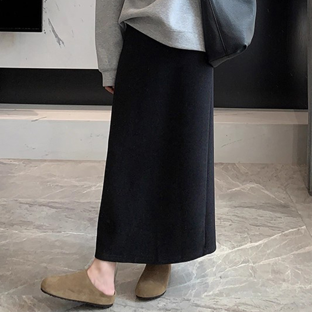黑色醋酸羊毛半身裙女秋冬高腰显瘦毛呢包臀后开叉中长直筒A字裙