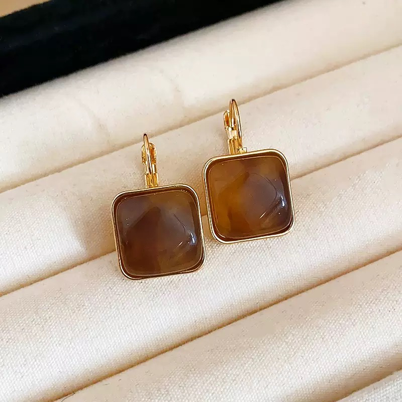 合金树脂耳饰 美拉德咖色几何虎眼石轻奢高级感耳钉复古时尚耳饰