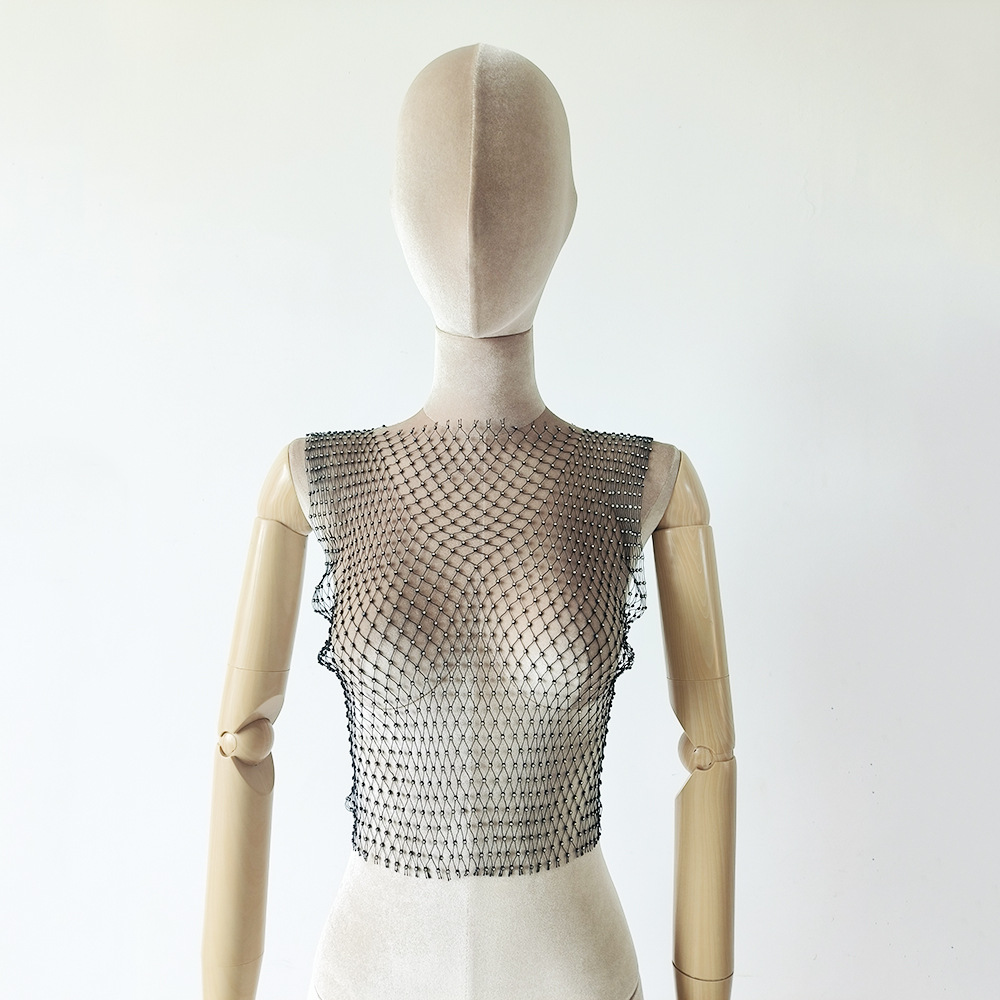 跨境亚马逊石网格闪钻t恤上衣镂空水钻夏季女装渔网背心s89