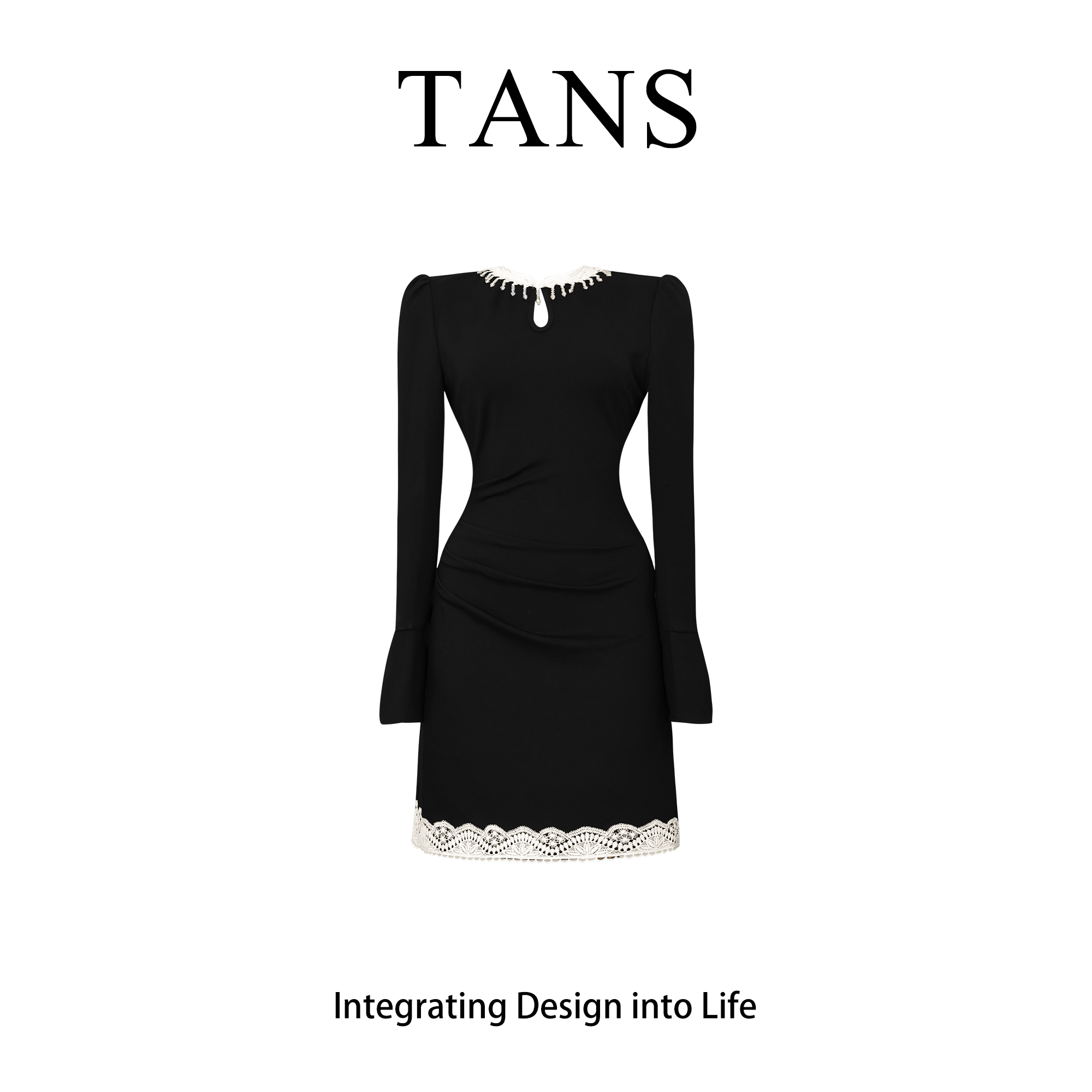 现货 TANS【秋季新品】法式黑色气质拼接蕾丝设计感连衣裙女秋季