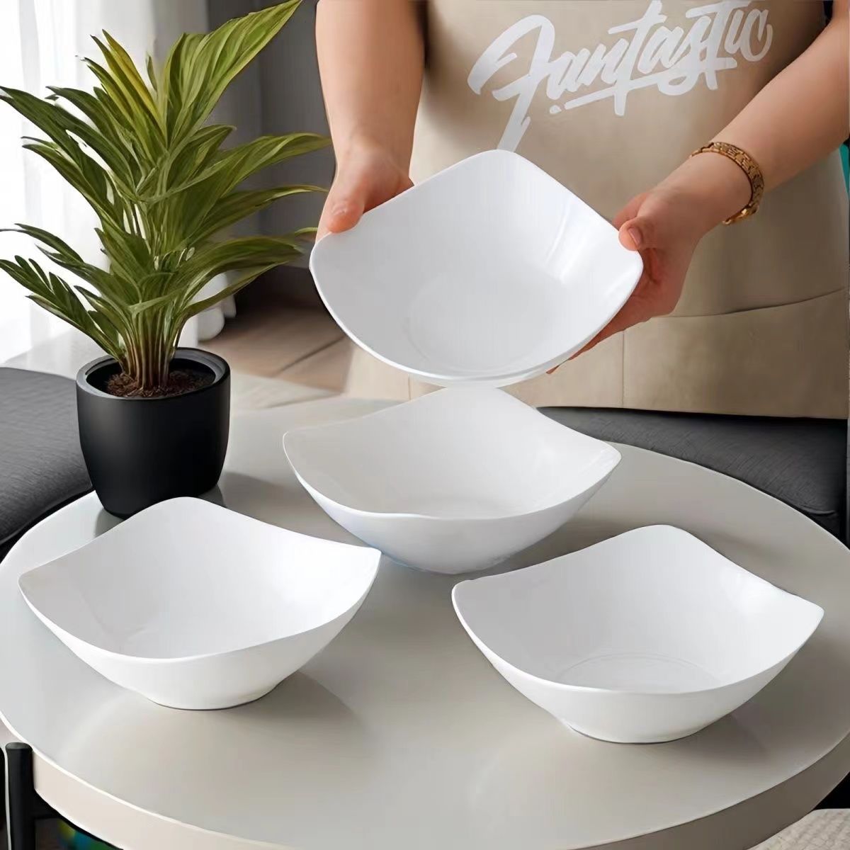 白玉8英寸四角翘盘6只装网红家用加厚防烫陶瓷饭碗饭盘