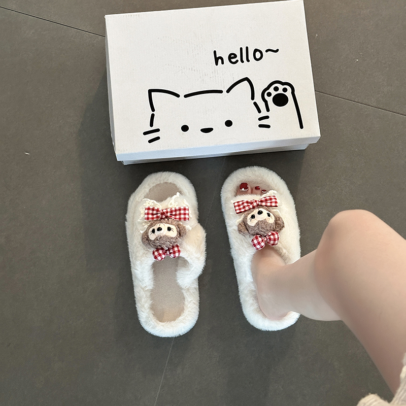 可爱甜美卡通蝴蝶结小动物毛毛拖鞋女2025秋冬新款外穿一字棉拖鞋