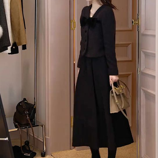 2025春秋季爆款套装女装轻奢蝴蝶结短款开衫上衣气质半身裙两件套