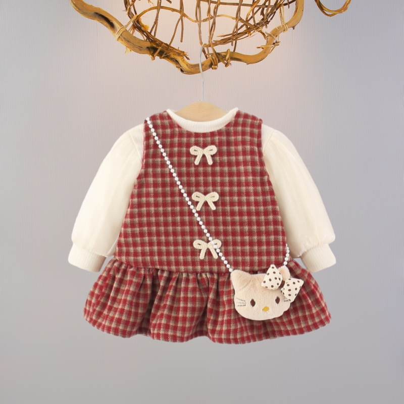 女童秋冬加绒连衣裙婴儿冬季可爱格子套装小宝宝新年服童装两件套