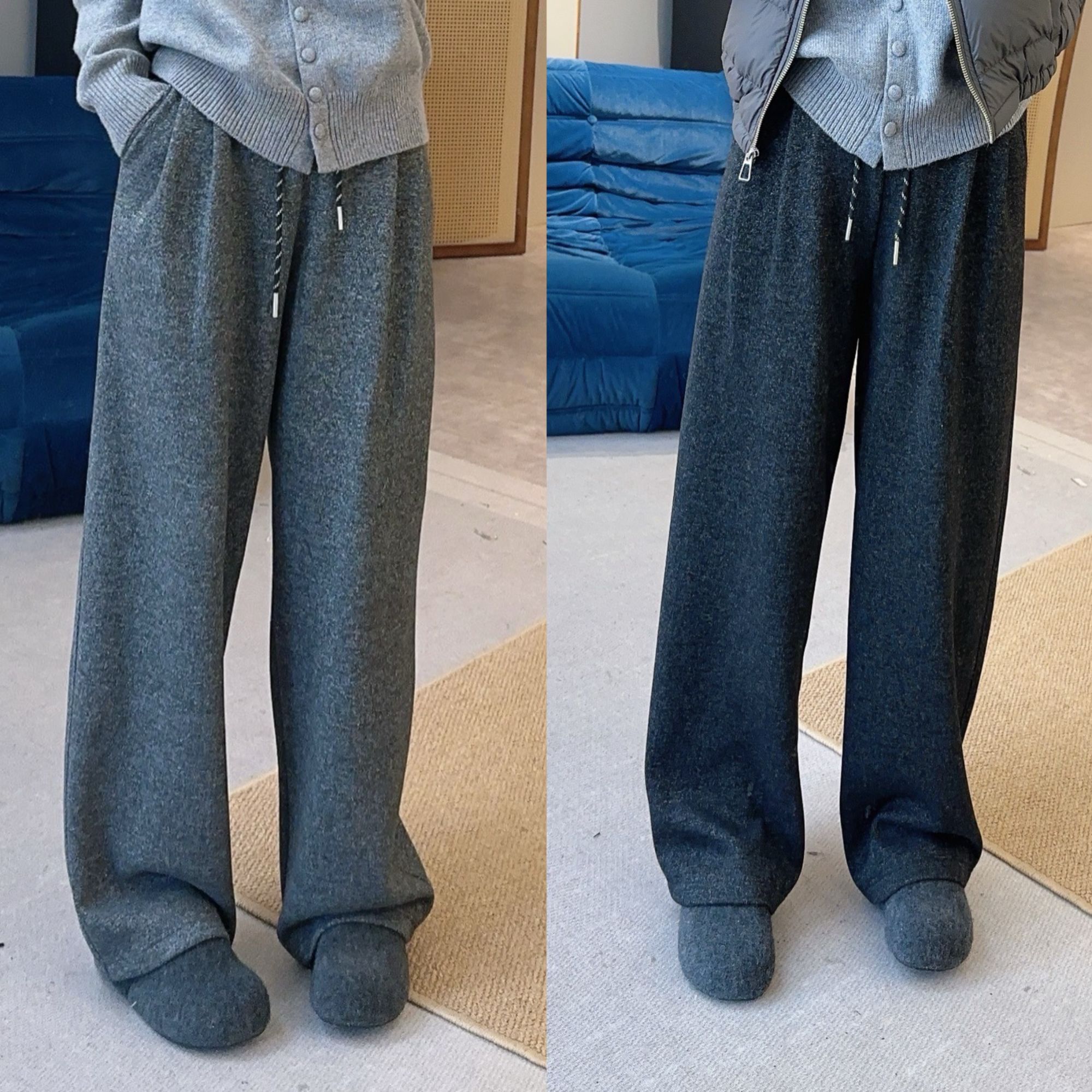 【欧加粒粒】冬季加绒松紧腰复古慵懒感抽绳直筒休闲裤小个子 F9810