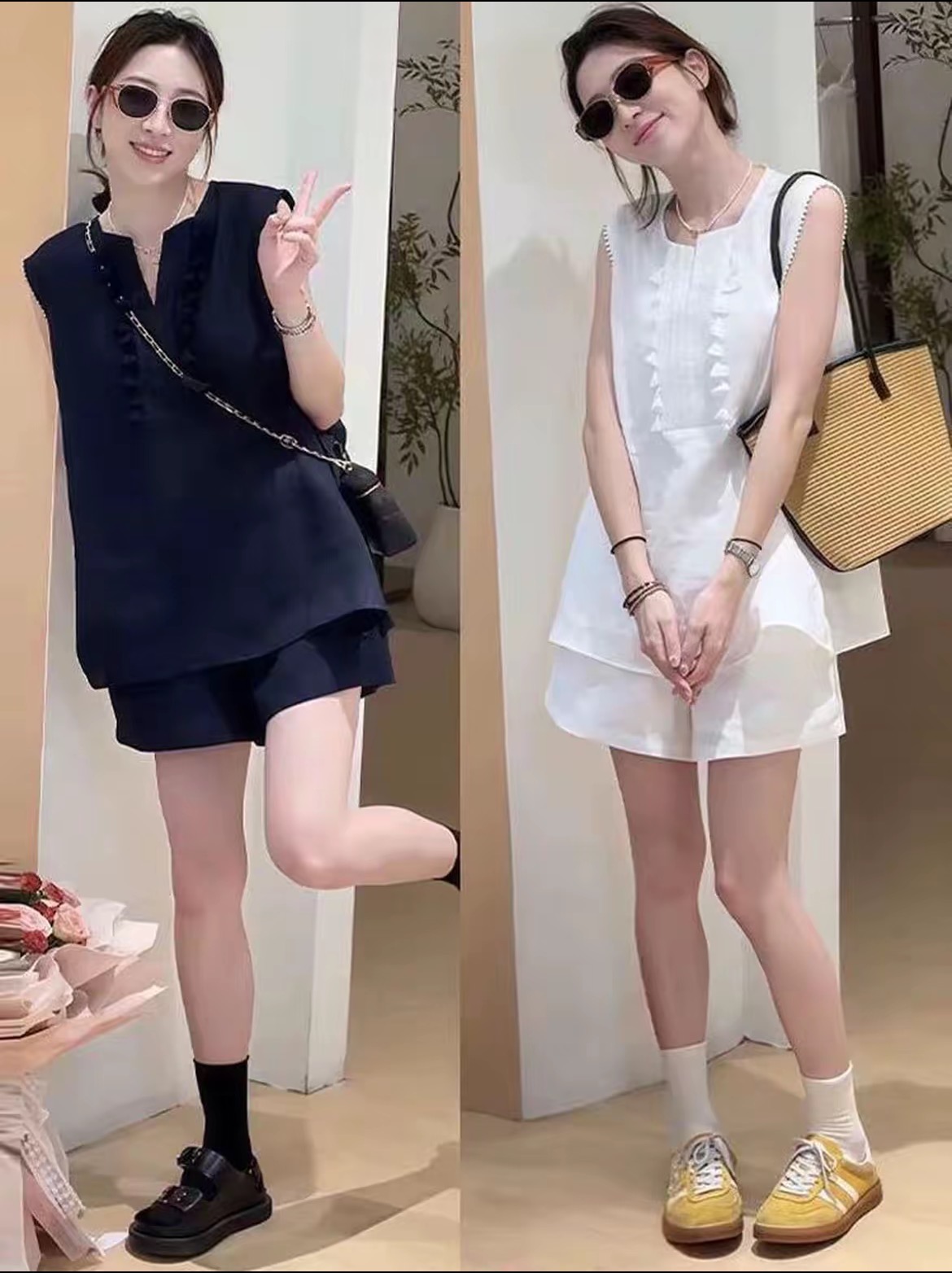T-T法式V领无袖小衫+休闲阔腿短裤套装夏季减龄显瘦两件套