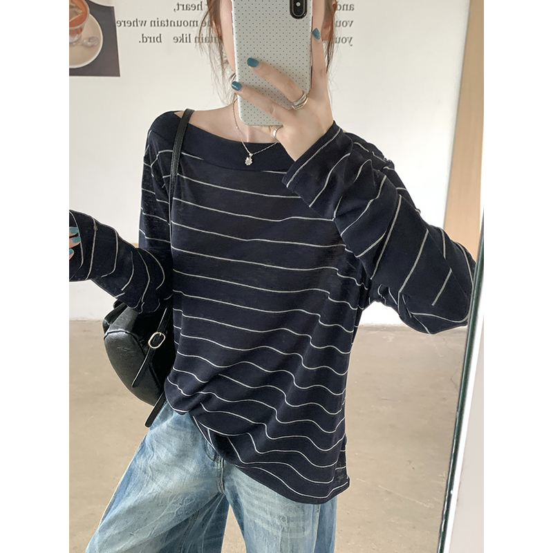 韩系ins宽松慵懒风条纹T恤早秋新款时尚外穿套头长袖上衣洋气女装