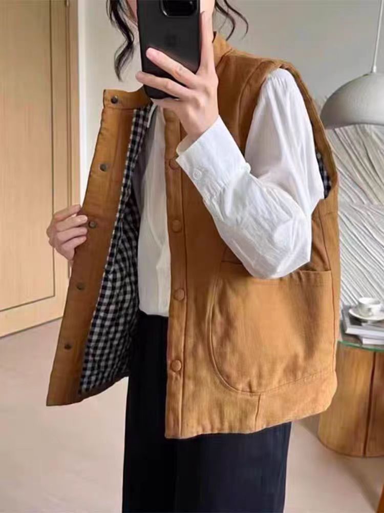 日系复古风小个子宽松短款棉马甲外套女2025秋冬新款宽松百搭马夹