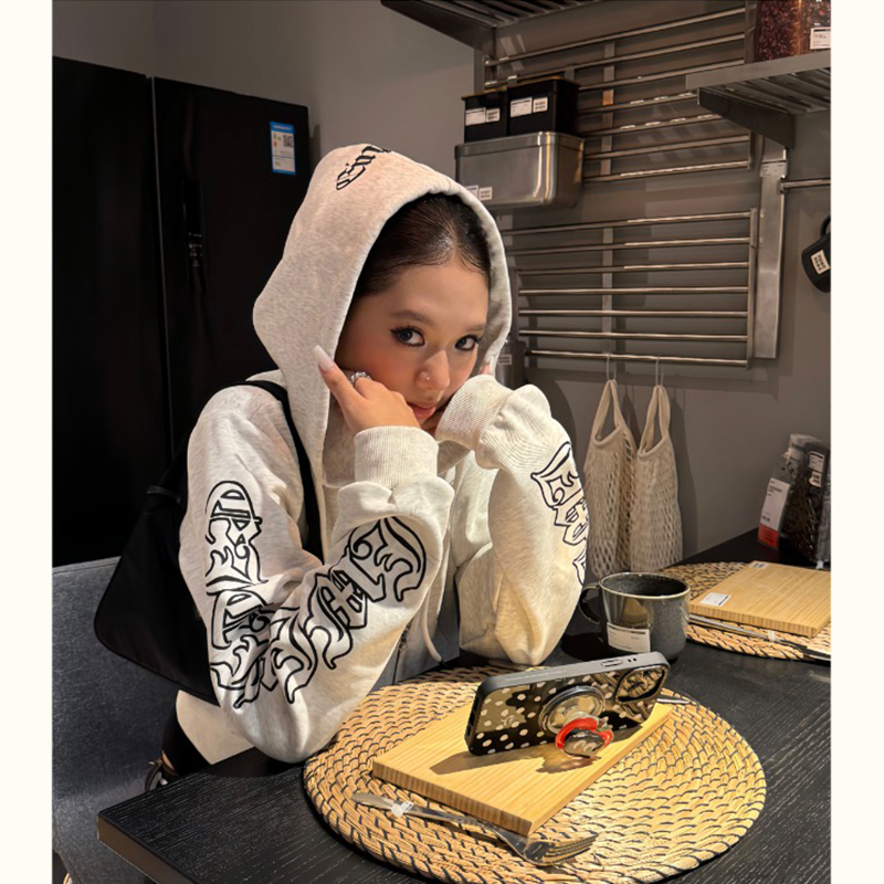 早秋美式复古哥特风字母印花短款开衫卫衣秋季辣妹休闲百搭长袖