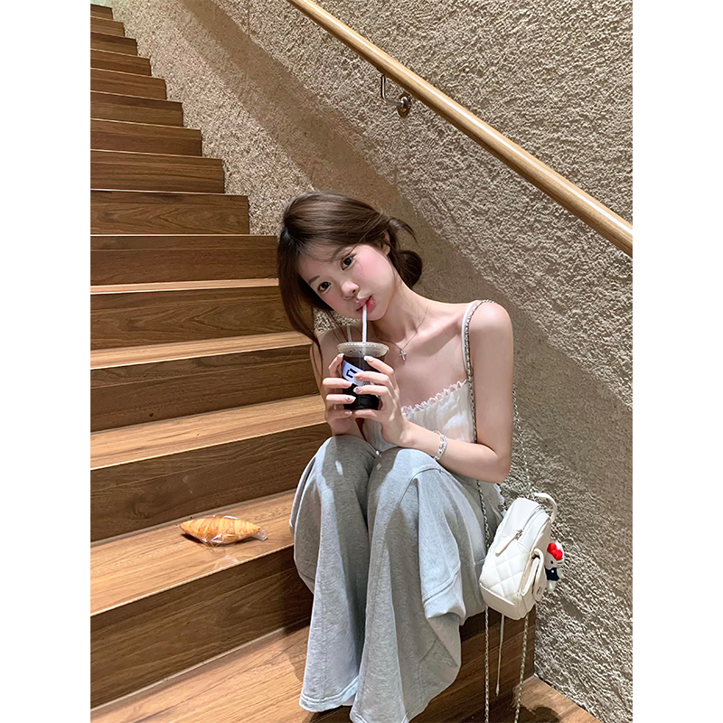 美式辣妹设计感收腰绣花背心蕾丝拼接吊带直筒宽松休闲垂感阔腿裤