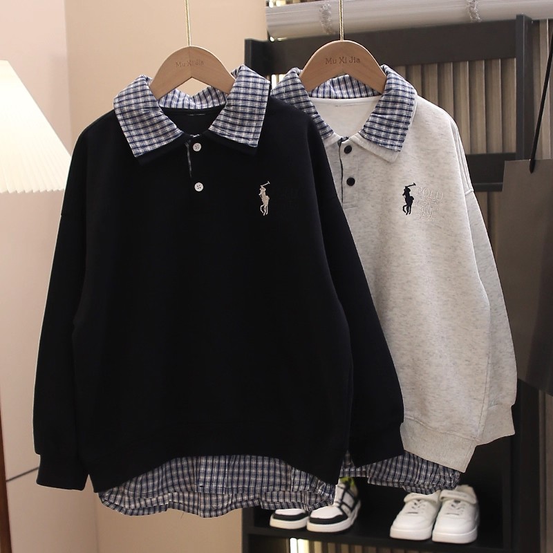男童秋装假两件卫衣2025新款儿童韩版上衣翻领春秋款男孩潮牌帅气