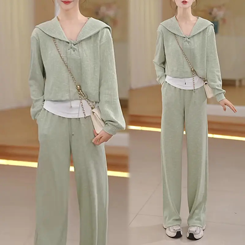 2025秋季新款潮流修身长袖上衣+纯色阔腿裤套装女网红流行两件套