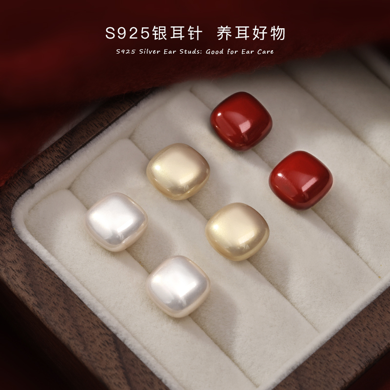 925银耳饰 方糖耳钉女2025新款耳环红色耳饰养耳洞不用摘甜美配饰