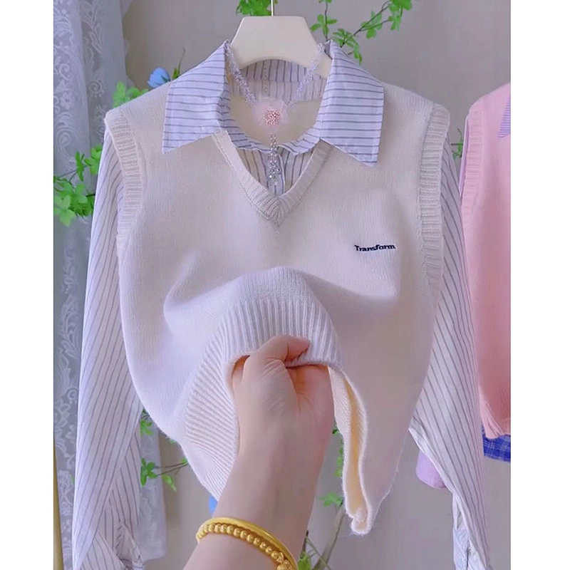 针织衬衫假两件毛衣女春秋短款学院风条纹马甲拼接软糯百搭上衣