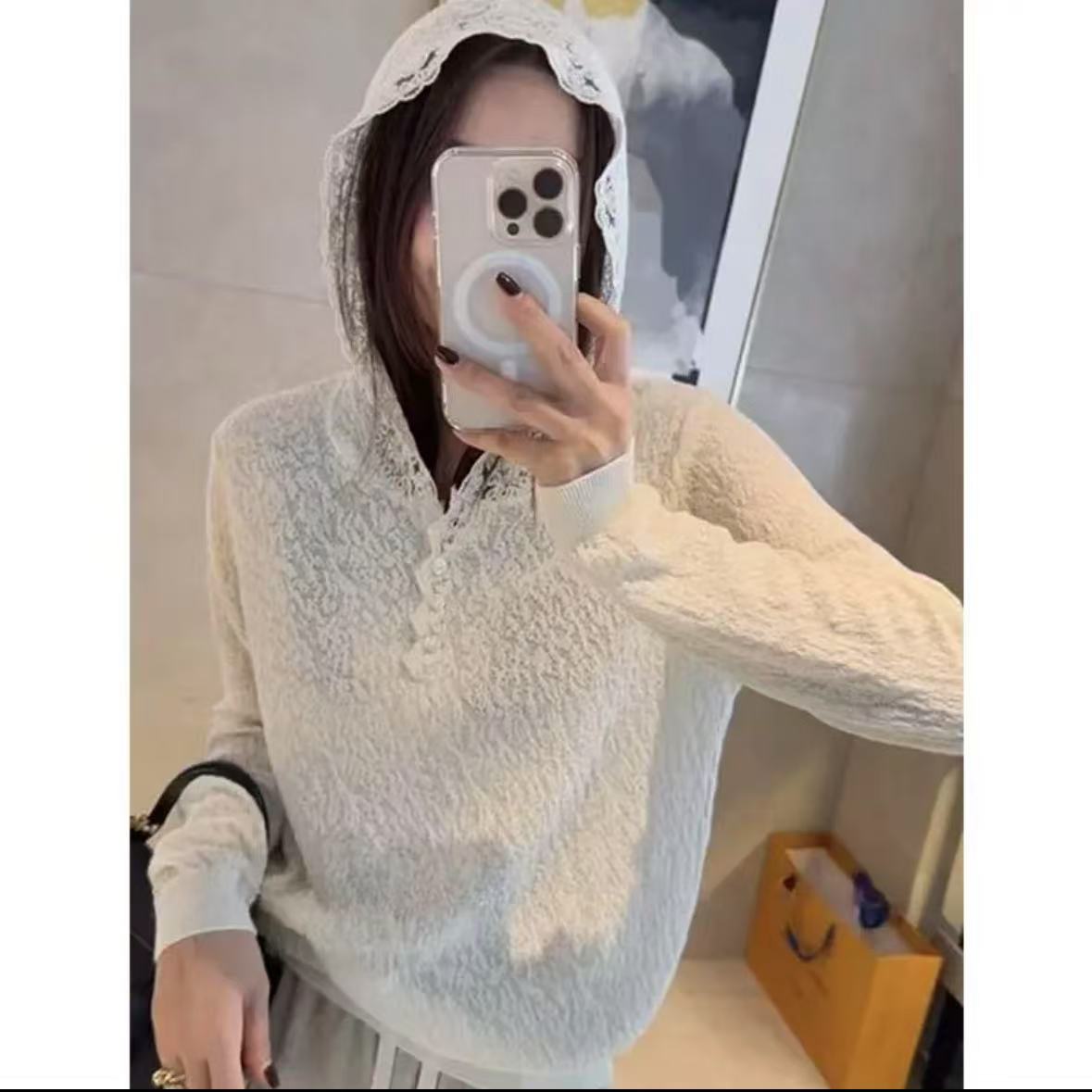 超好看长袖法式连帽蕾丝花边钩花上衣春秋季内搭高级感宽松