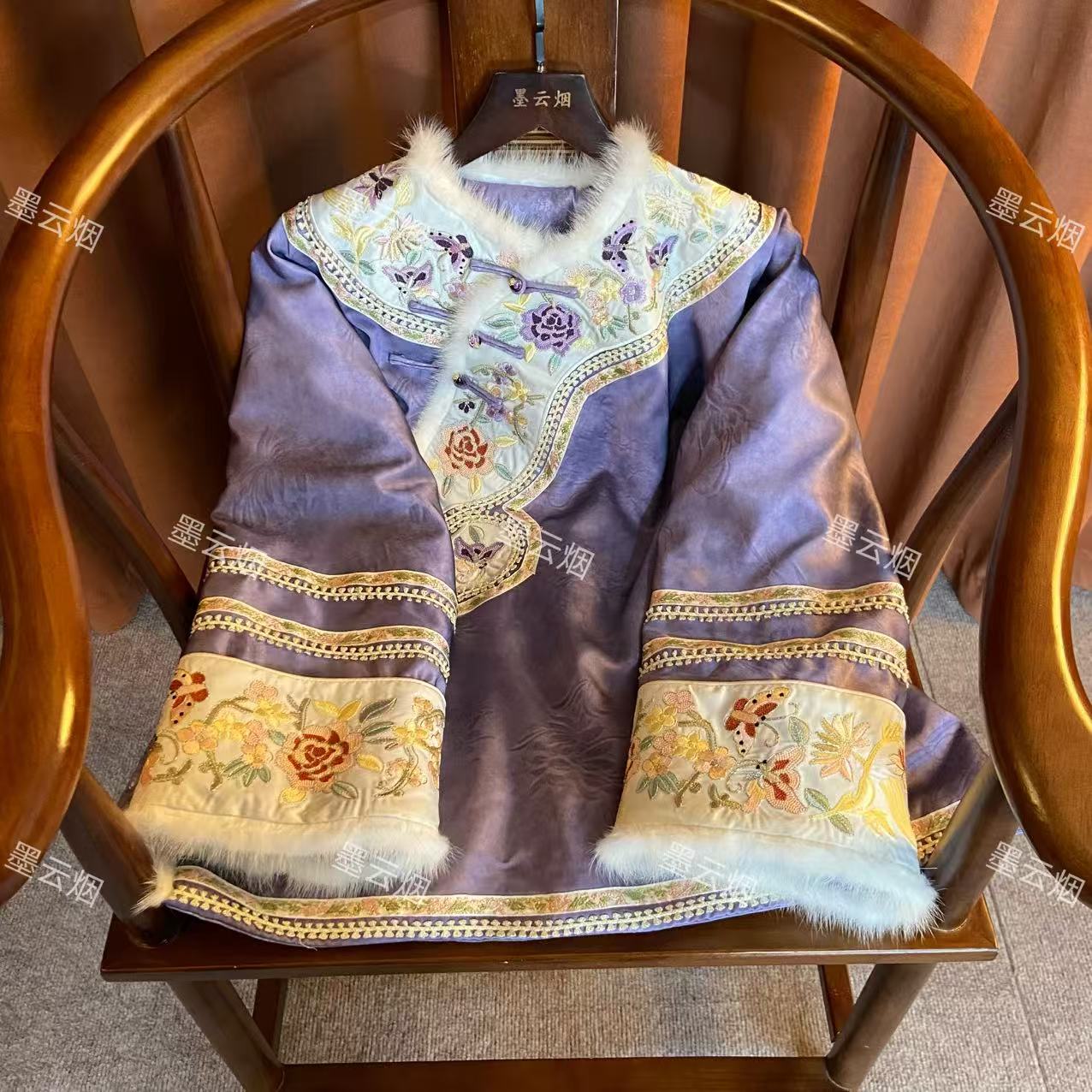 【紫薇】新中式加棉刺绣斜襟网红唐装宽松型冬季中长款长袖外套