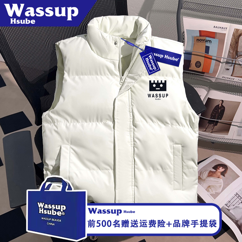 WASSUP HSUBE美式趣味卡通印花马甲秋冬男女新款拉链米色加厚上衣