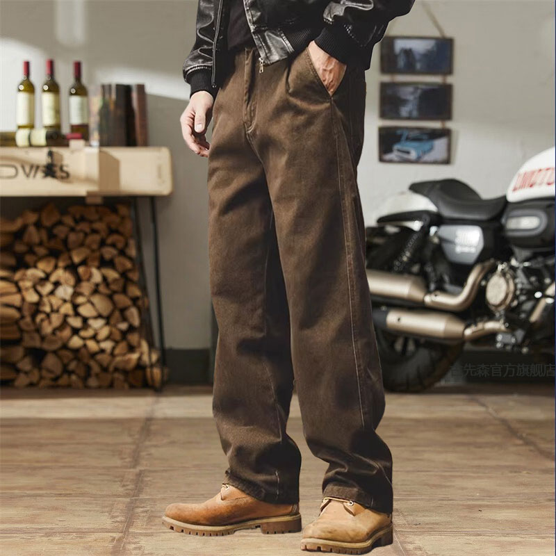 美式复古360g重磅工装裤子男加绒秋冬新款砂洗宽松直筒男士休闲裤