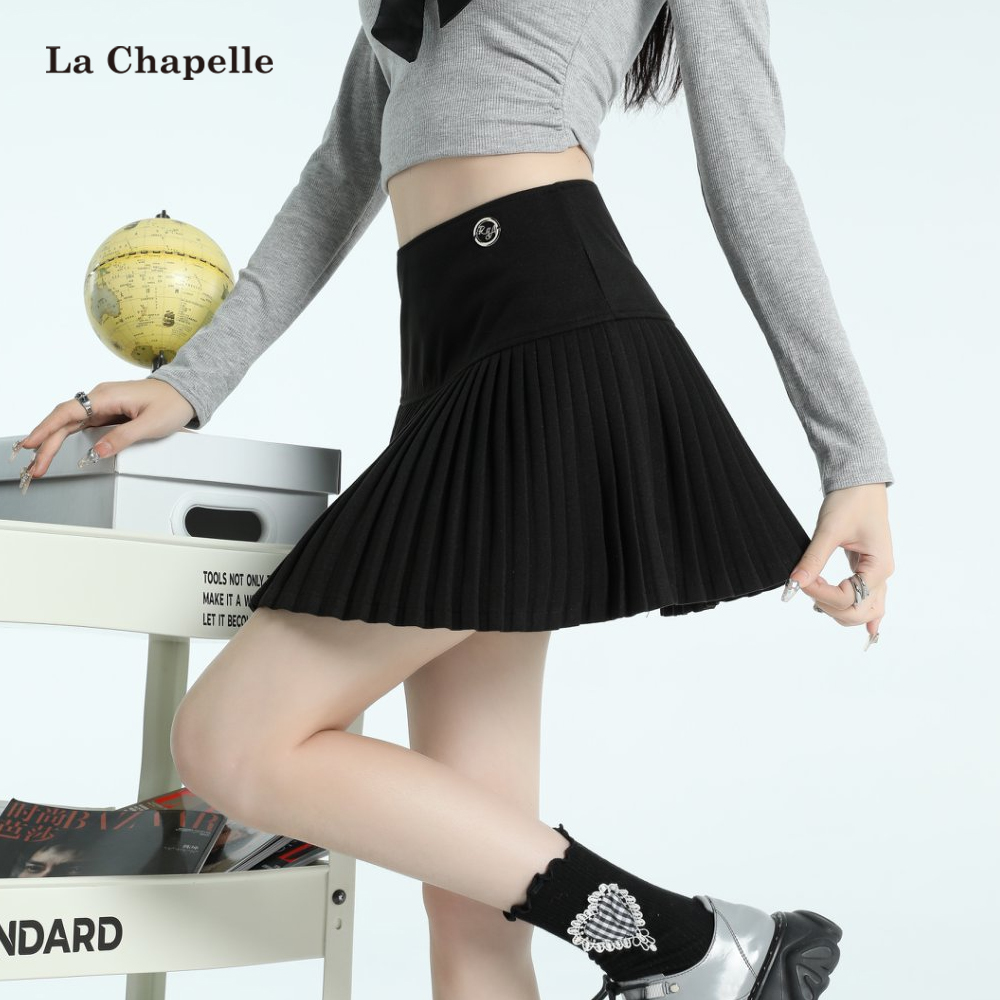 拉夏贝尔黑色百褶裙女秋冬季高腰显瘦JK短裙学院风a字毛呢半身裙