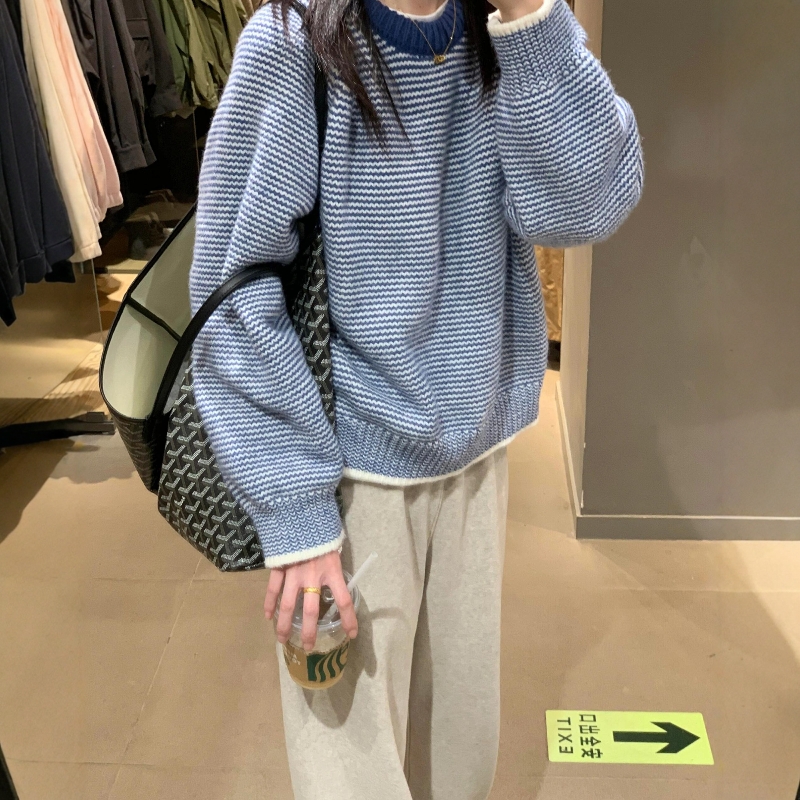 韩系软糯氛围感条纹针织衫女2025年秋季新款气质圆领套头毛衣ins