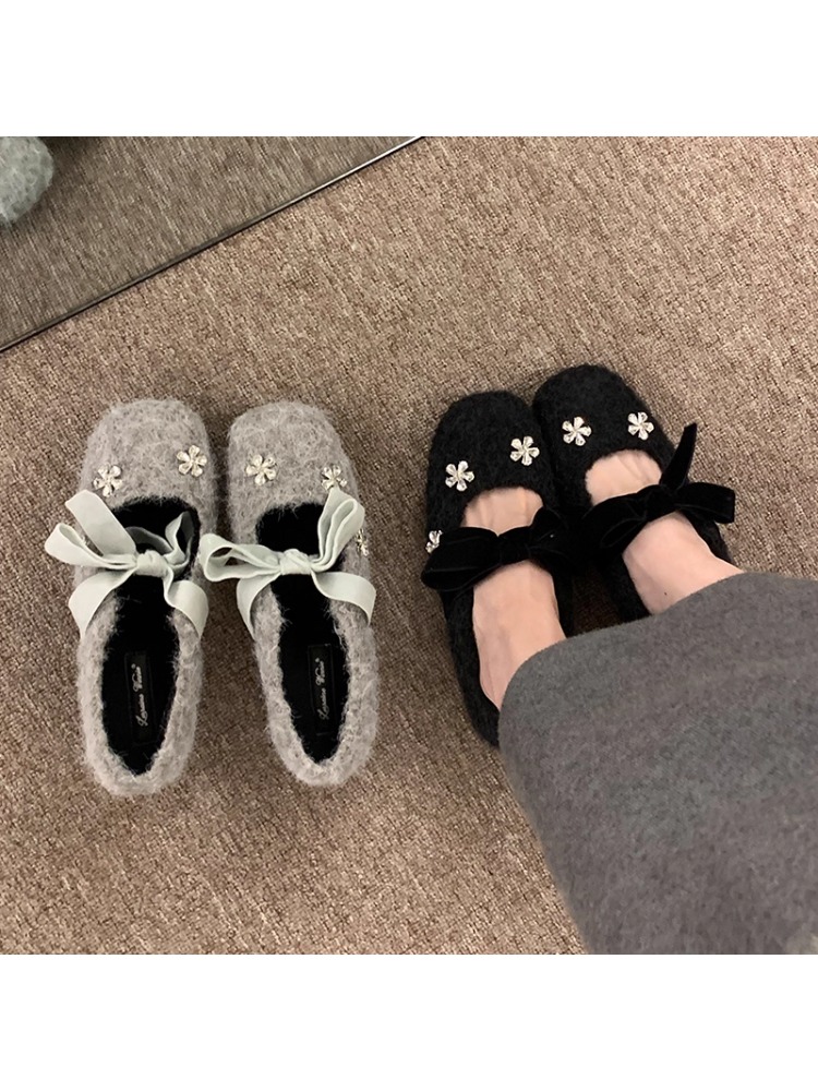 千金感花朵水钻加绒内增高玛丽珍秋冬保暖小香风单鞋女