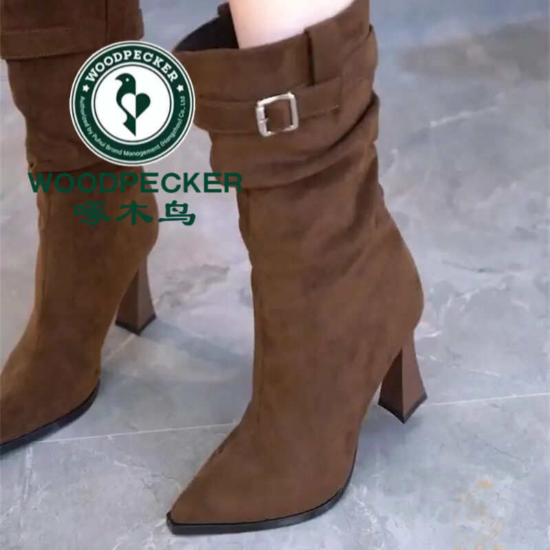 啄木鸟名媛时尚短筒高跟堆堆靴2025秋冬新尖皮带套筒细跟瘦瘦靴女