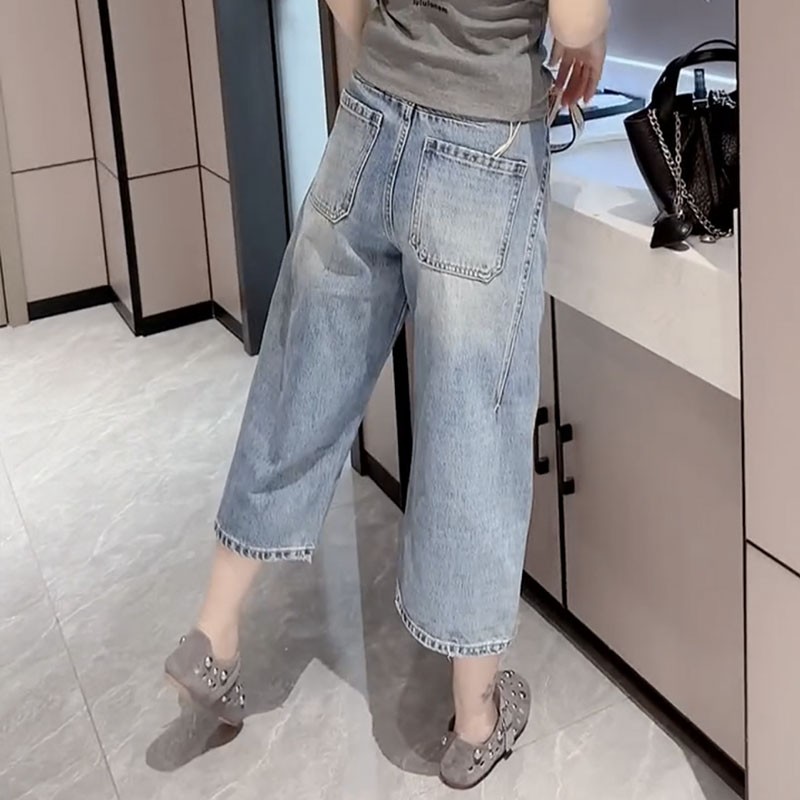 2025夏季新款窄版八分直筒牛仔裤女显瘦弯刀裤大码薄款遮肉阔腿裤