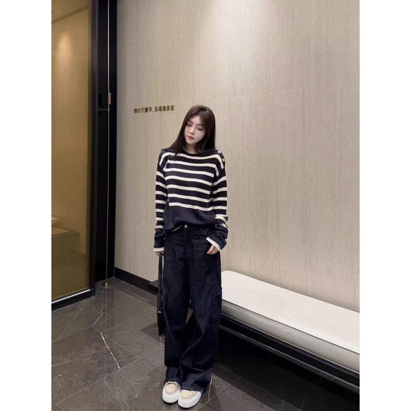 韩系松弛感宽松百搭条纹斜肩长袖上衣高腰气质百搭阔腿长裤两件套