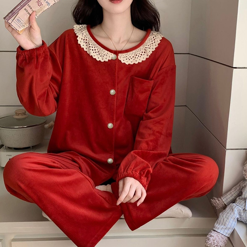 本命年红色金丝绒睡衣女秋冬季纯欲套装加厚保暖家居服5072