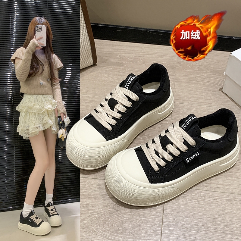 冬季休闲女鞋2025新款时尚百搭加绒保暖圆头学生运动鞋厚底二棉鞋