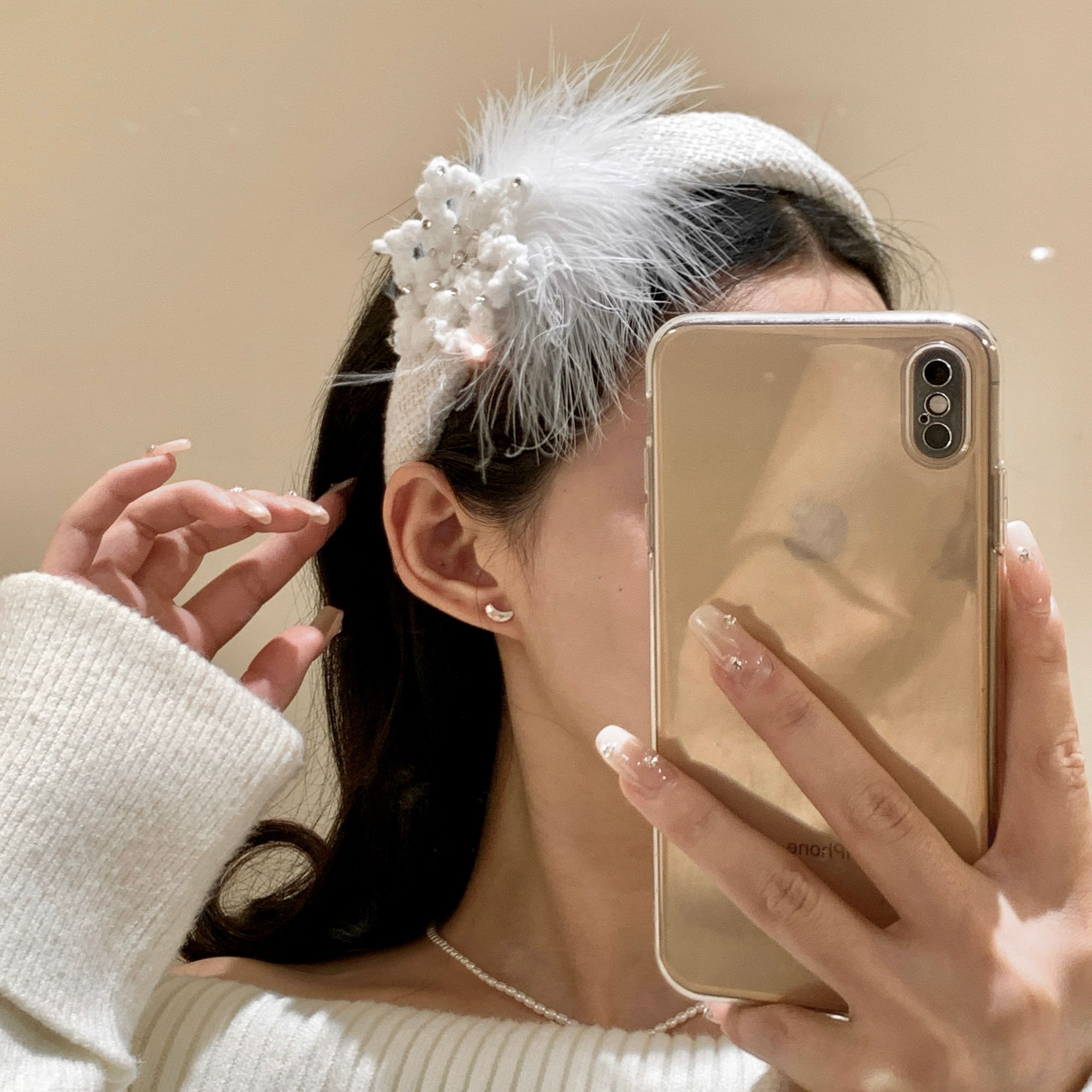 原创！闪钻雪花羽毛宽边千鸟格发箍女冬季氛围感头箍发饰头饰超仙