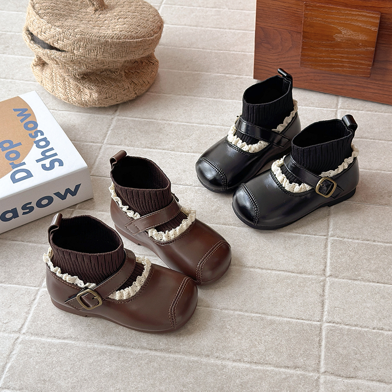 【端淑娴静】新款韩系儿童蕾丝花边公主鞋加绒女童魔术贴针织短袜靴