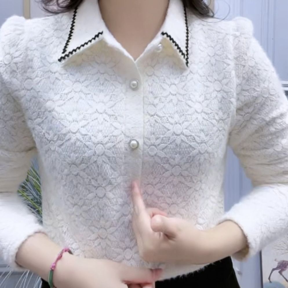 爆款女士打底衫新款时尚蕾丝娃娃领内搭上衣秋冬加厚加绒衬衫女