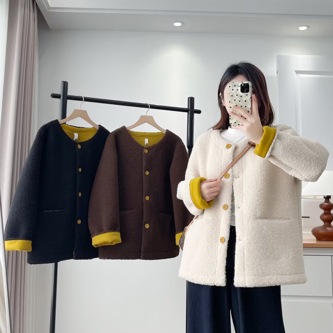 大码胖mm韩版颗粒绒外套女冬季宽松保暖上衣通勤加厚绒感外套655