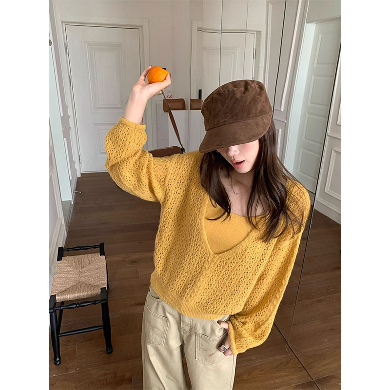 针织罩衫配吊带女款早秋季V领镂空韩系chic慵懒氛围感穿搭两件套